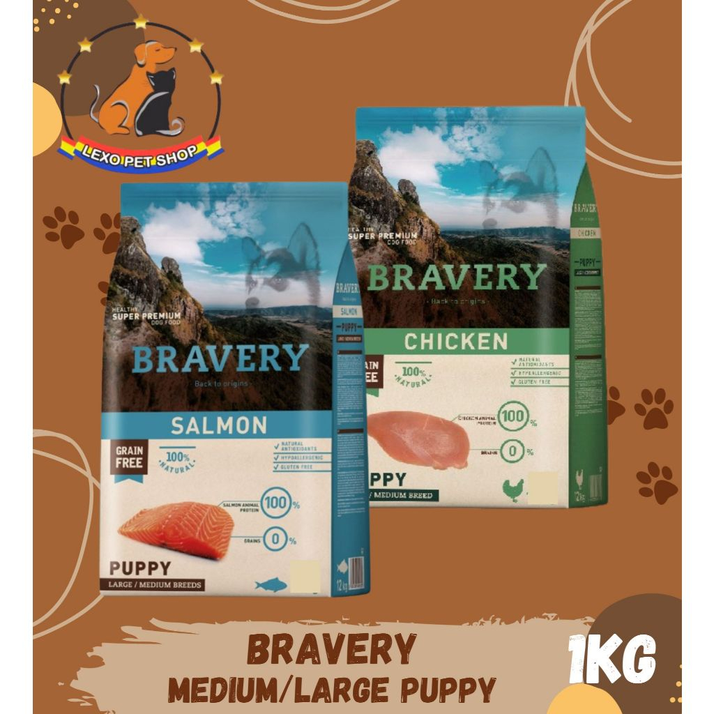 BRAVERY MEDIUM LARGE PUPPY 1KG Dog Food Makanan Anak Anjing Rasa Chicken Salmon Kering Dry Dogfood G