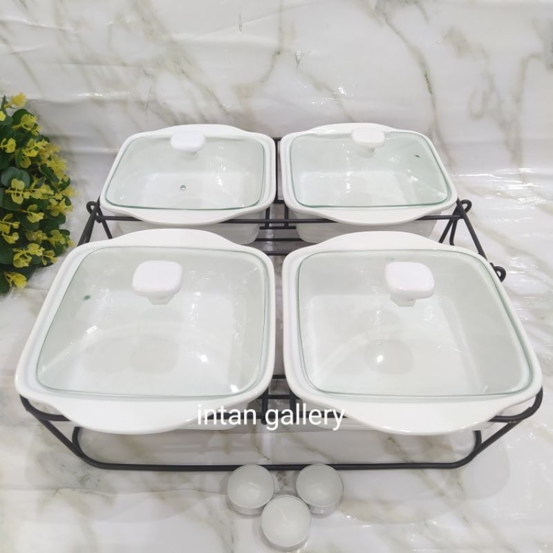 Prasmanan Keramik Polos Tutup Kaca Set 4 Pcs Homeline-GRATIS Packing Kayu