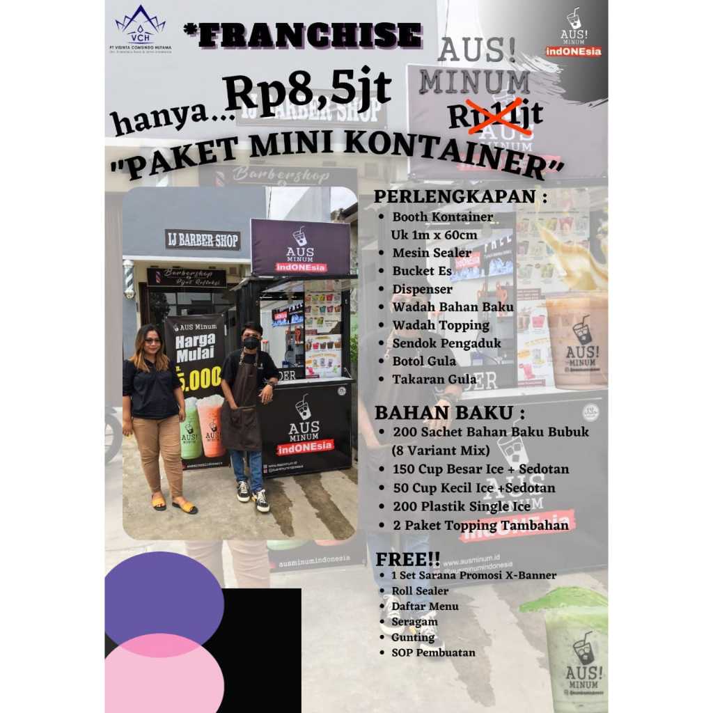 

Franchise/Paket Usaha Minuman AUS MINUM INDONESIA MINI KONTAINER