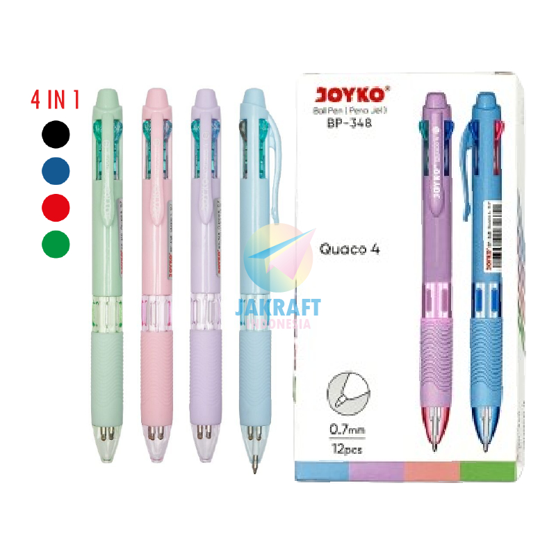 

(12 Pcs) GROSIR Pulpen Ballpoint 4 Warna in 1 Pen JOYKO BP-348 QUACO 4 Pastel Barrel Tebal 0.7 mm Berkualitas Seperti BIC | PACK