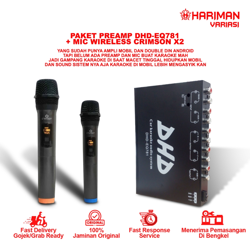 PAKET KARAOKE MOBIL MIC WIRELESS CRIMSON X2 & PREAMP KARAOKE DHD-EQ781