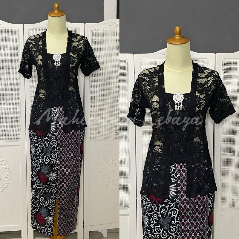 Kebaya Bali Set Brukat Pendek Hitam Rok silver