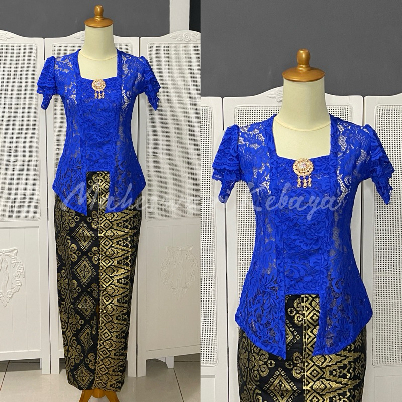 Kebaya Bali Set Brukat Lilit Biru Elektrik