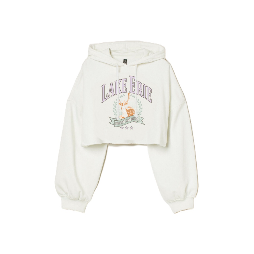 KODE E33F Hoodie Crop HM Lake Erie Broken White Original Sweater Crop Wanita Putih