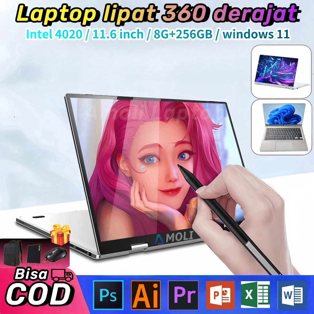 AMOLI 【Bisa COD】 laptop asli merek baru laptop layar sentuh 360 derajat 11.6/13.3 inci windows 11  i