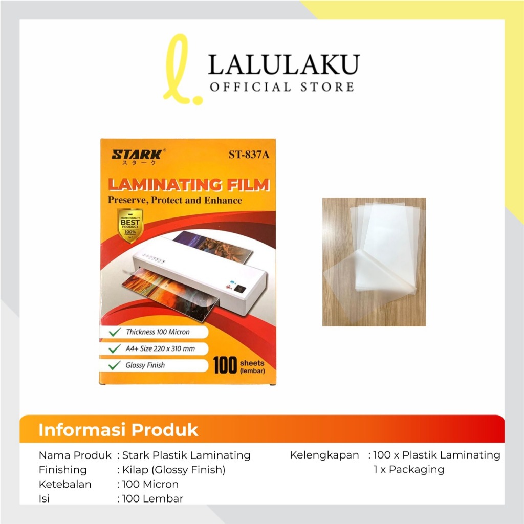 

Plastik Laminating Film A4 Folio Stark 100 Micron / isi 100 Lembar 220 x 320mm / Per Pak SF6