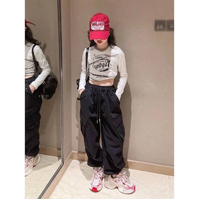 Celana Rose Cargo Anak Perempuan Korean Style Hip Hop Cargo Pants Anak Perempuan Usia 5 - 14 Tahun F