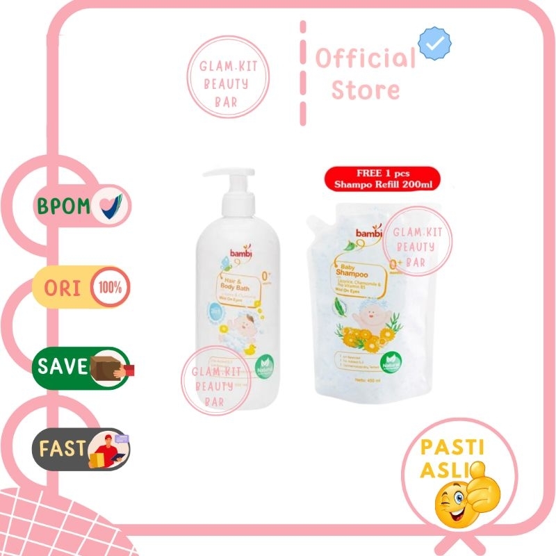 BAMBI BABY Hair & Body Bath Mild On Eyes 500ml | Free Bambi Baby Shampoo 450ml