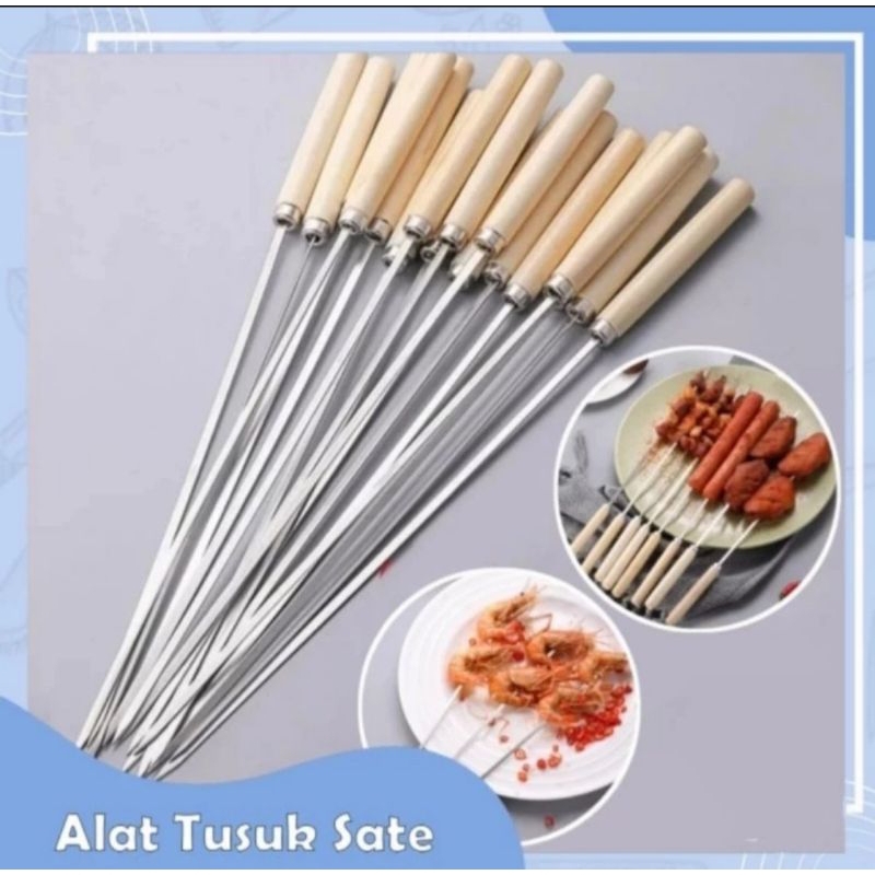 Alat Tusuk Sate BBQ Stainless Steel Gagang Kayu Besi Barbeque Panggang Panggangan Alat Pemanggang