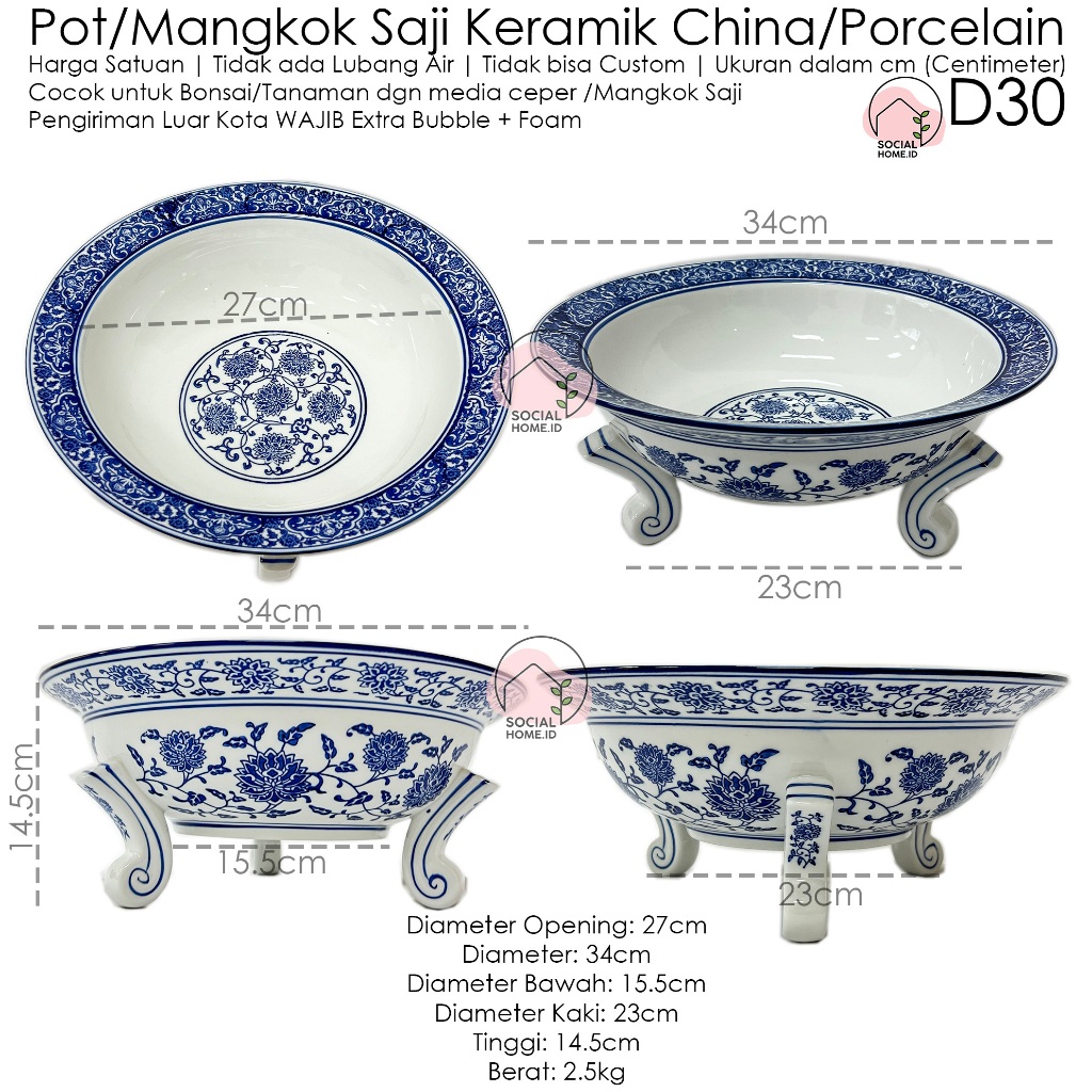 Pot Tanaman/Mangkok Mangkuk Saji Makan Besar D30 Diameter 30cm 30 cm Keramik China Ceper Besar kaki,