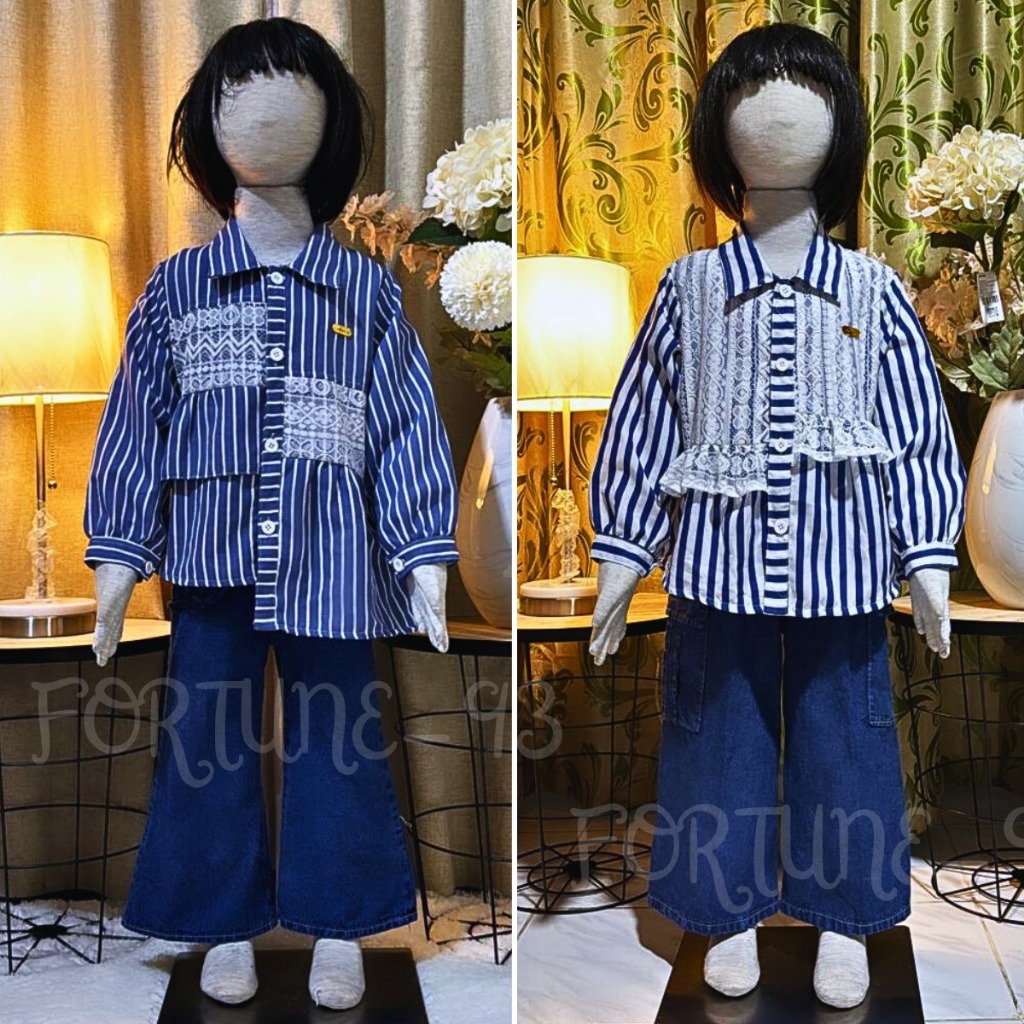 Setelan jeans anak perempuan mix brukat stripe salur korean style usia 3 - 10 tahun model kekinian c
