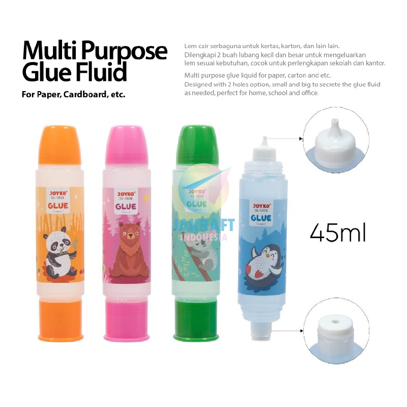 

PERFECT 1 Pcs Lem Cair 2 Lubang JOYKO GL58 Paper Glue Kertas Kain Busa Prakarya Serbaguna 45 ml Bening Transparan