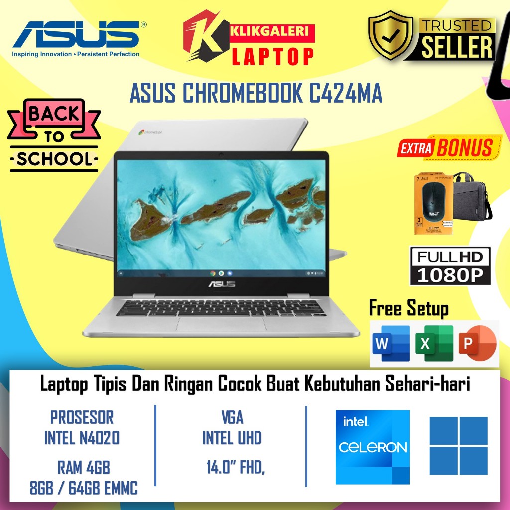 LAPTOP SEKOLAH ASUS CHROMEBOOK C424MA INTEL N4020 8GB 192GB 14" FHD CHROME OS