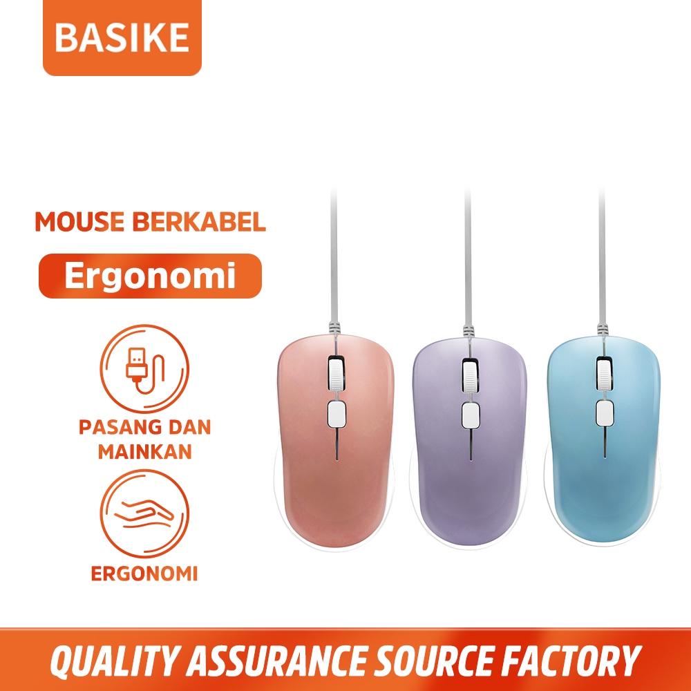 BASIKE Mouse Kabel USB Optical untuk Windows Mac Linux dan ChromeOS Mice Gaming Wired Makaron