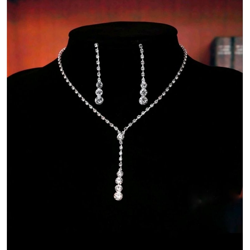 Set anting kalung kristal berlian imitasi untuk pesta/pengantin