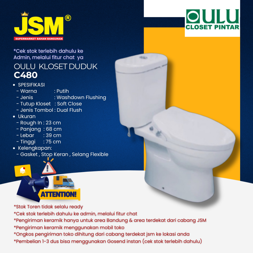 Oulu Closet / Kloset Duduk Dual Flush Soft Close C480 Putih - JSM Supermarket Bahan Bangunan