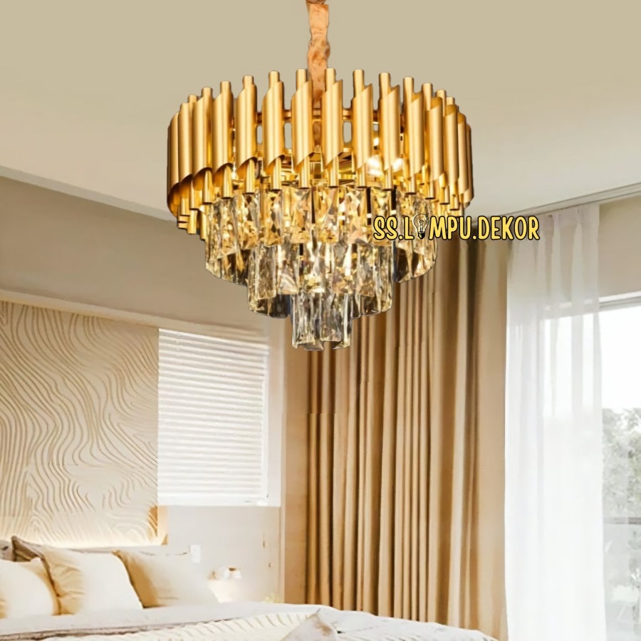Lampu Gantung Kristal Mewah Gold Lampu Hias Ruang Tamu Keluarga Kamar