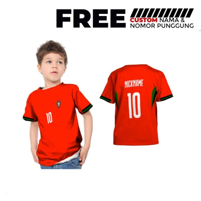 Kaos Jersey Bola Anak Printing Euro 2024 Portugal Custom Nama