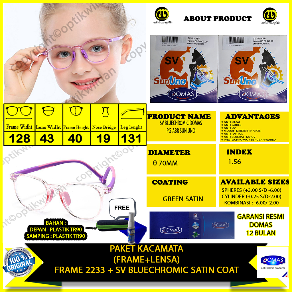 PAKET KACAMATA BLUECHROMIC SUN UNO DOMAS FRAME ANAK 2233