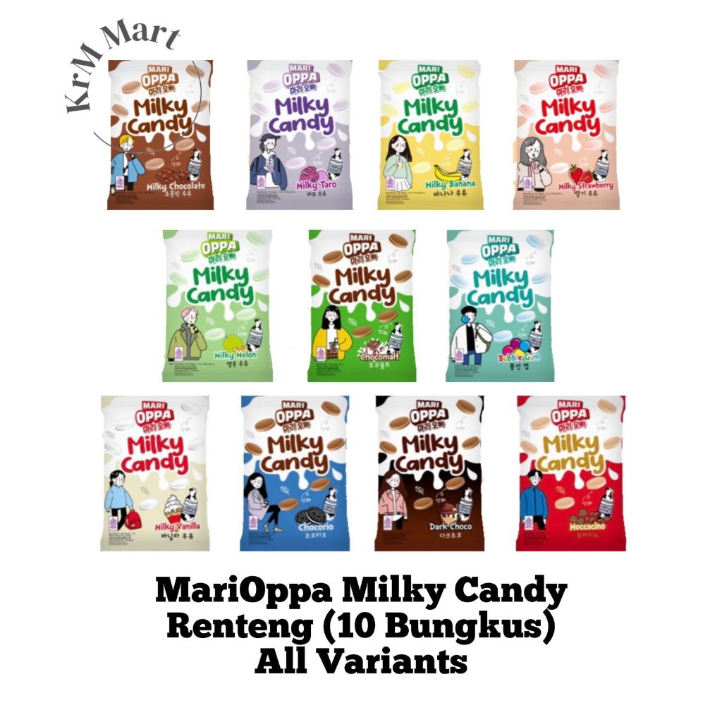 

Marioppa Mari Oppa Milky Candy 1 renteng renceng All Varian Chocolate Taro Banana Strawberry Stroberi Melon Chocomalt Bubble Gum Permen Karet Milky Vanilla Chocorio Dark Choco Moccacino permen