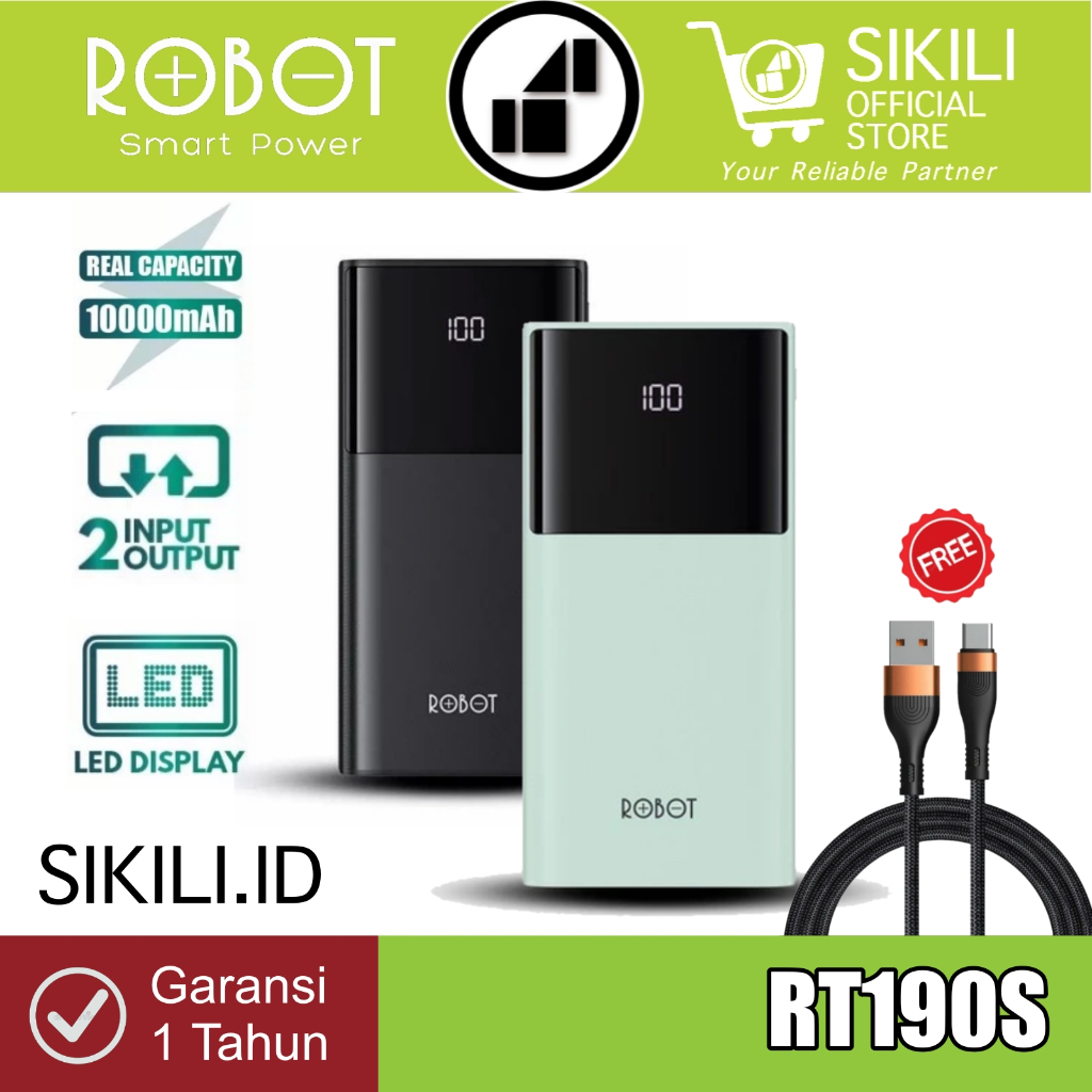 Robot Power Bank RT190S 10000 mAh 2A 2 Input and Output Port Type C & Micro USB with LED Display