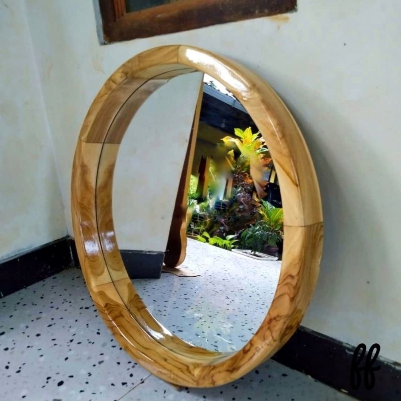 Pigura Kaca Cermin Bulat Jati