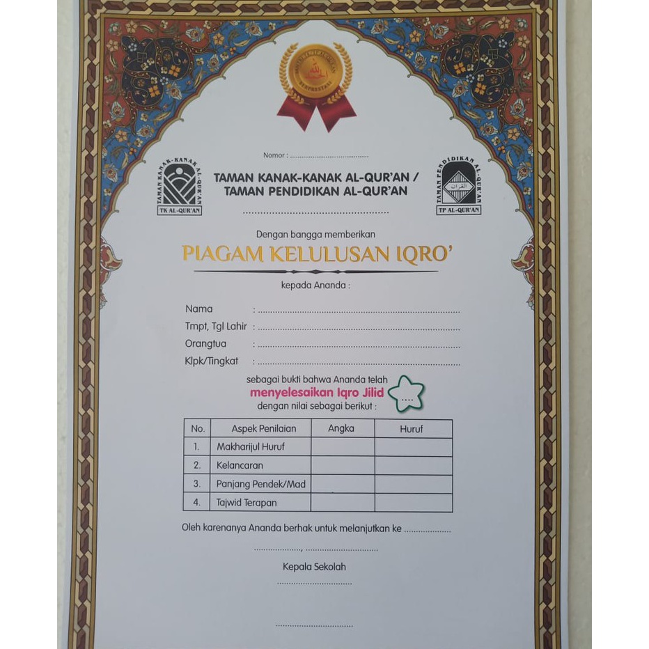 

KI3 Kartu Piagam Kelulusan Iqro Isi 1 lembar