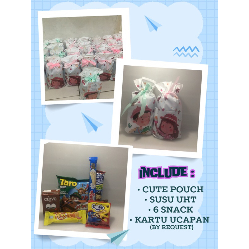 

BINGKISAN SNACK ULANG TAHUN ANAK/SNACK ULTAH ANAK/PAKET ULTAH/SOUVENIR ULTAH/POUCH SNACK/ SNACK PREMIUM/ KHITAN/ SUNAT/NATAL/LEBARAN/CHRISTMAS/TAHUN BARU/IMLEK
