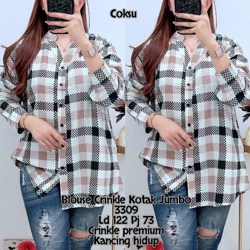 BLOUSE CRINKLE KOTAK JUMBO KANCING HIDUP 3309/KEMEJA CRINKLE KOTAK JUMBO IMPORT