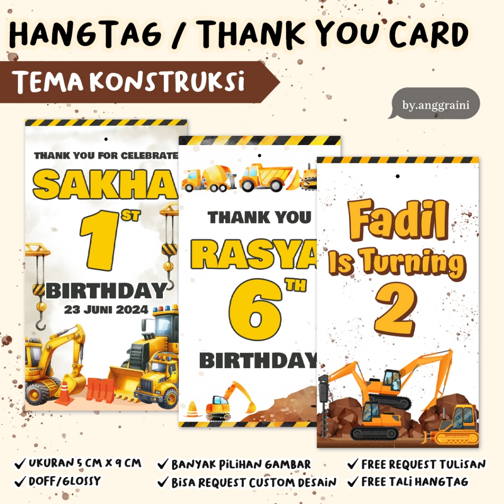 Hang Tag Souvenir Tema Excavator Konstruksi Custom - Birthday Tag - Thank You Card Konstruksi Excava