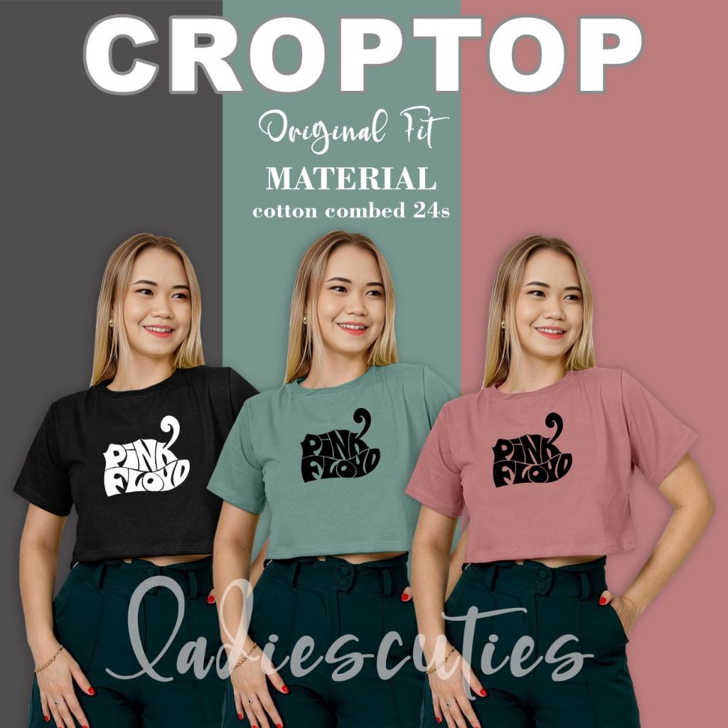 Ladiescuties Kaos Crop top Pink floyd tulisan Wanita T-shirt lengen pendek