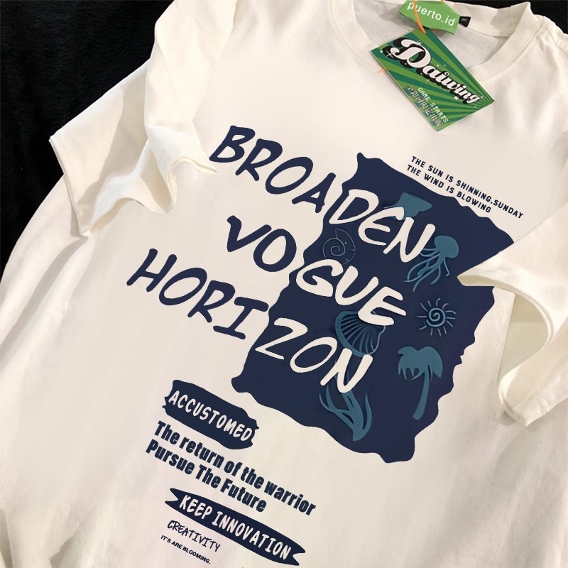 PUERTO Kaos Pria Distro Original 100% BROADEN VOGUE HORIZON Baju Oversize Pria Retro T-shirt Atasan 