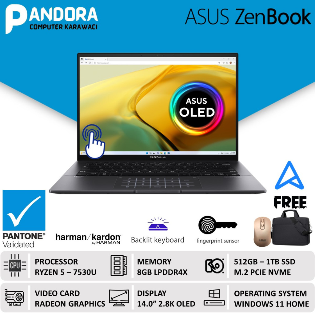 ASUS ZENBOOK 14 OLED UM3402YA RYZEN 5 7530 8GB 1TB SSD WIN11 14.0 2.8K TOUCH BLACK