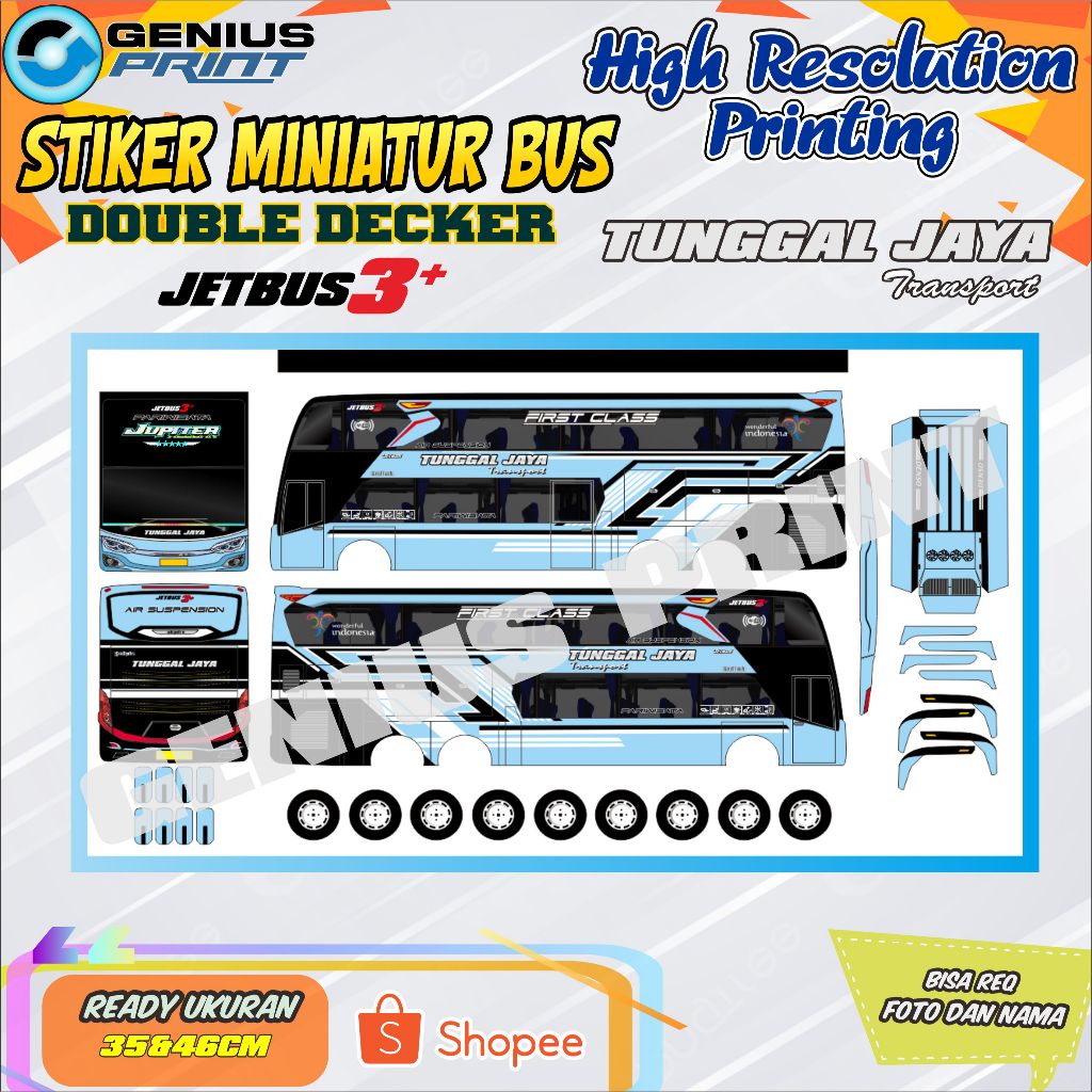 Stiker Mainan Miniatur Bus Double Decker Jetbus 3+ Tunggal Jaya Transport Uk. 35/46cm