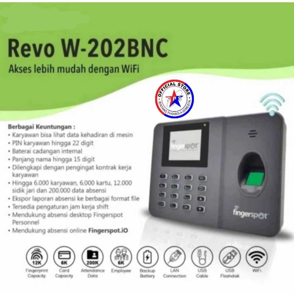 Mesin absensi sidik jari finger print Revo W-202BNC fingerspot mesin absensi sidik jari wifi network