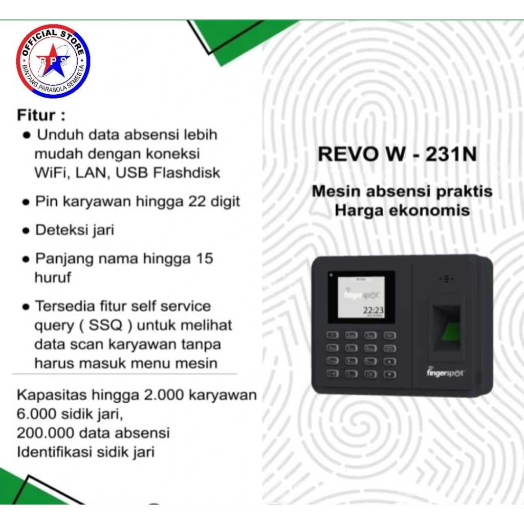 Mesin absensi sidik jari finger print Revo W-231N fingerspot mesin absensi sidik jari wifi network l