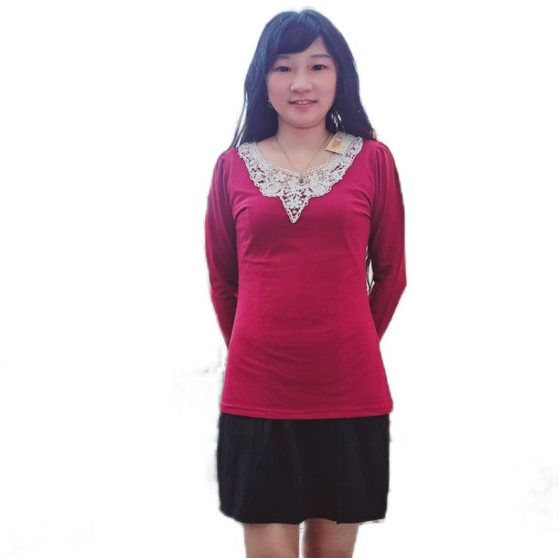ATASAN WANITA BLOUSE BLUS WANITA LENGAN PANJANG WARNA MAROON DENGAN APLIKASI KERAH RENDA BROKAT FASH