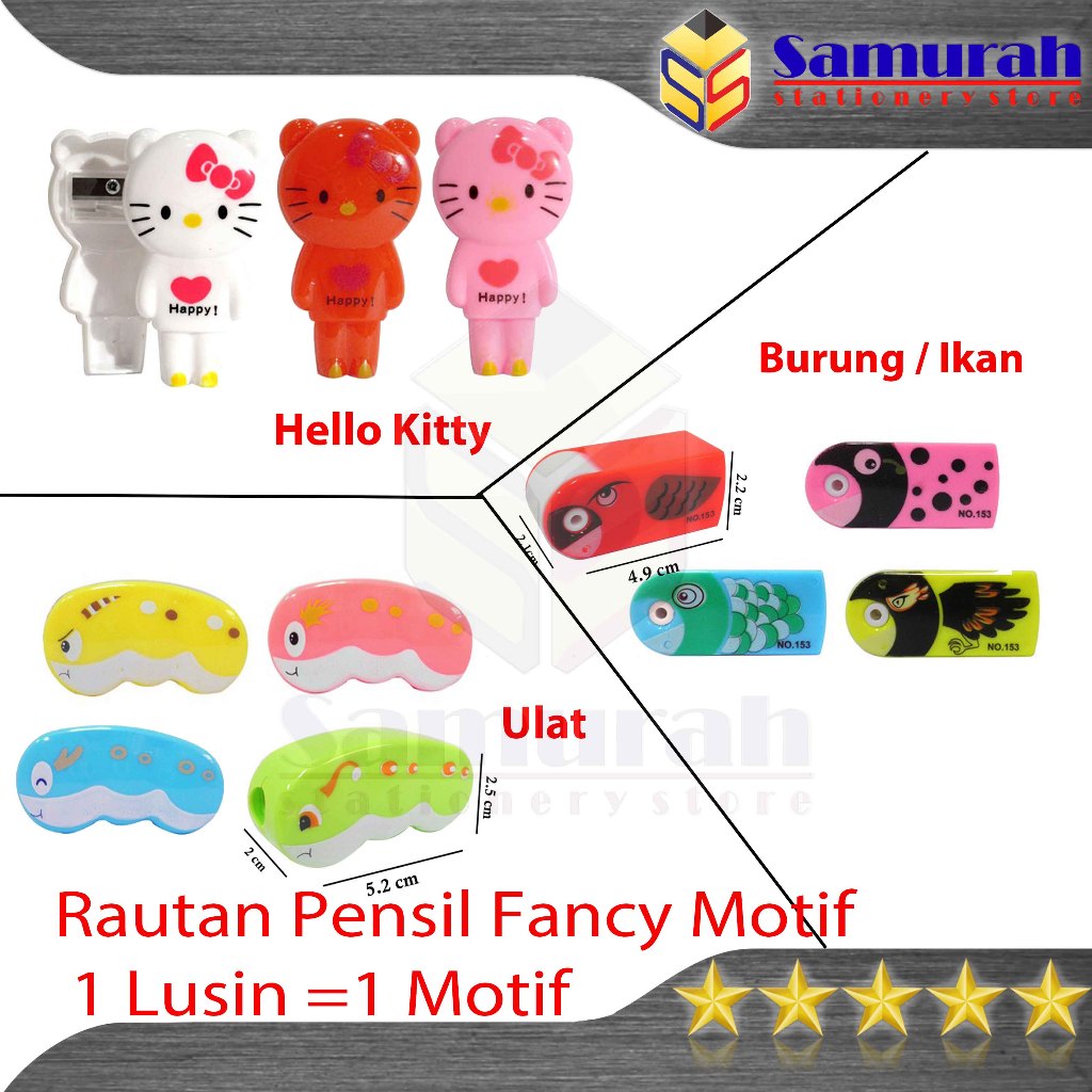 

Rautan Pensil Fancy Motif Lucu / Serutan Pinsil Lusin / Pencil Sharpener / Ulat - Burung & Ikan - Hello Kitty