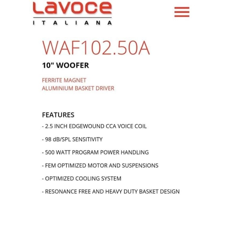 SPEAKER KOMPONEN ORIGINAL 100% LAVOCE WAF 102.50 A / 10 INCH