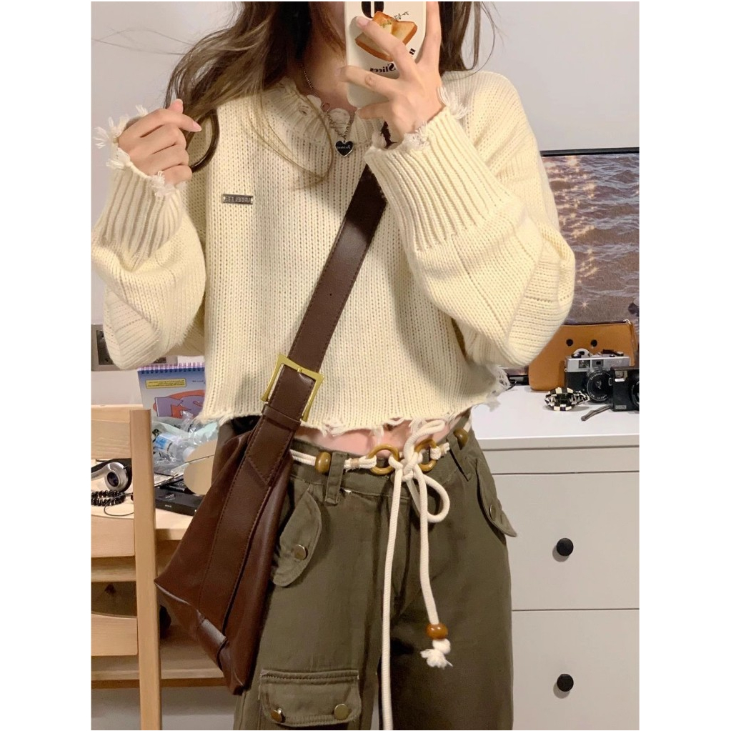 Sweter Rajut Wanita Korea Lengan Panjang Polos Crop Knit Top Import Kekinian Premium Atasan Rajutan 