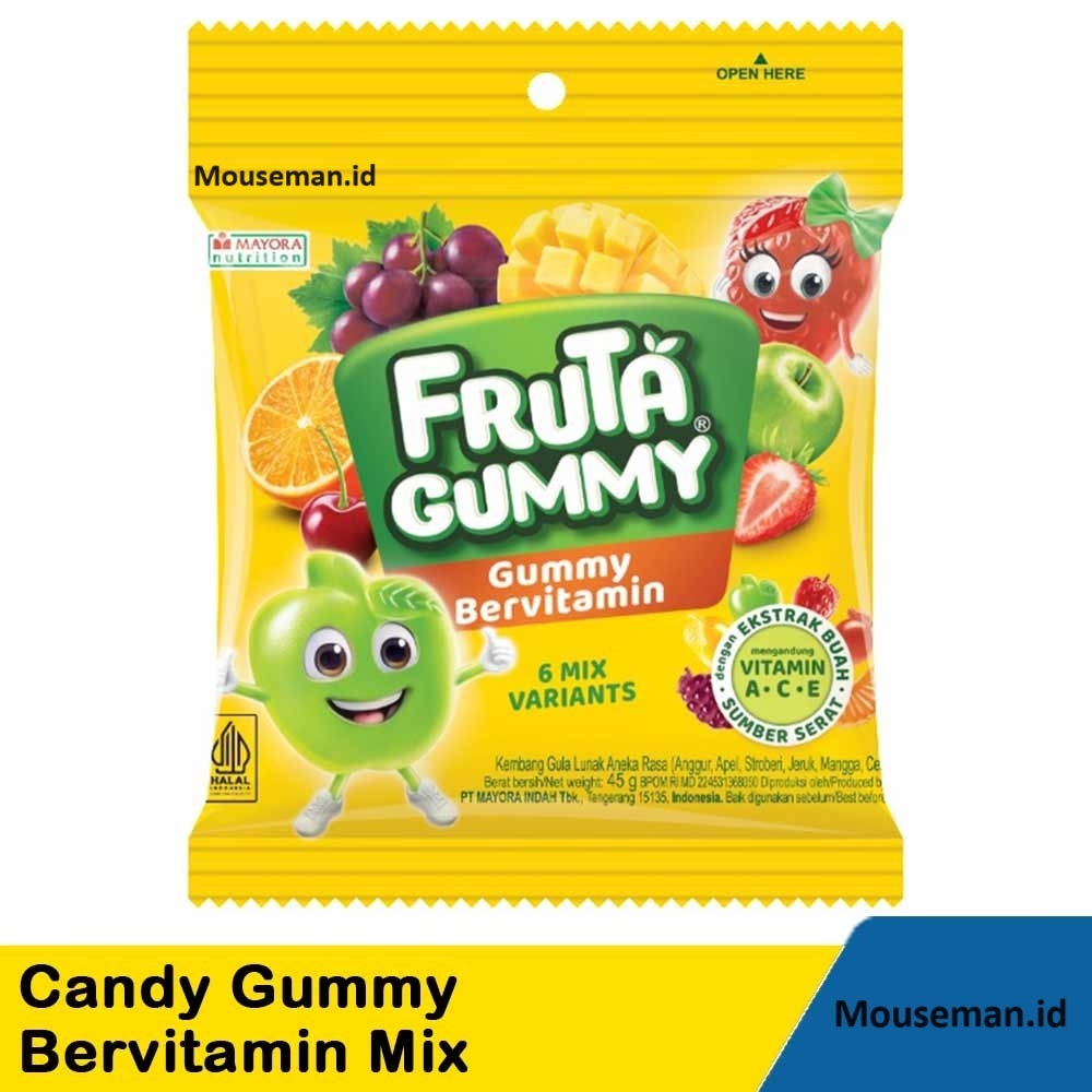 

Fruta Gummy Bervitamin Nutrition dengan EKSTRAK BUAH mengandung VITAMIN A / C / E SUMBER SERAT 6 MIX VARIANTS Kembang Gula Lunak Aneka Rasa ( Anggur, Apel, Strawberry, Jeruk, Mangga, Ceri ) 25gr