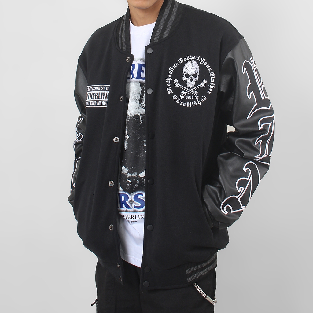MOTHERLINE - VARSITY JACKET COTTON FLEECE SYNTHETIC LEATHER KULIT BLACK X BONE