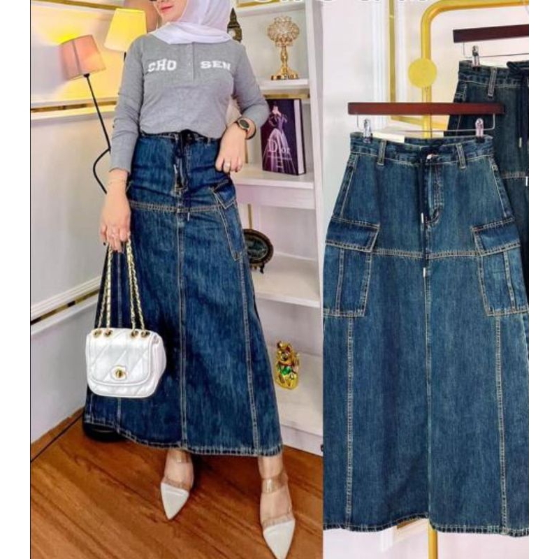 Rok wanita cargo Rok jeans cargo Rok wanita jeans strech cargo premium