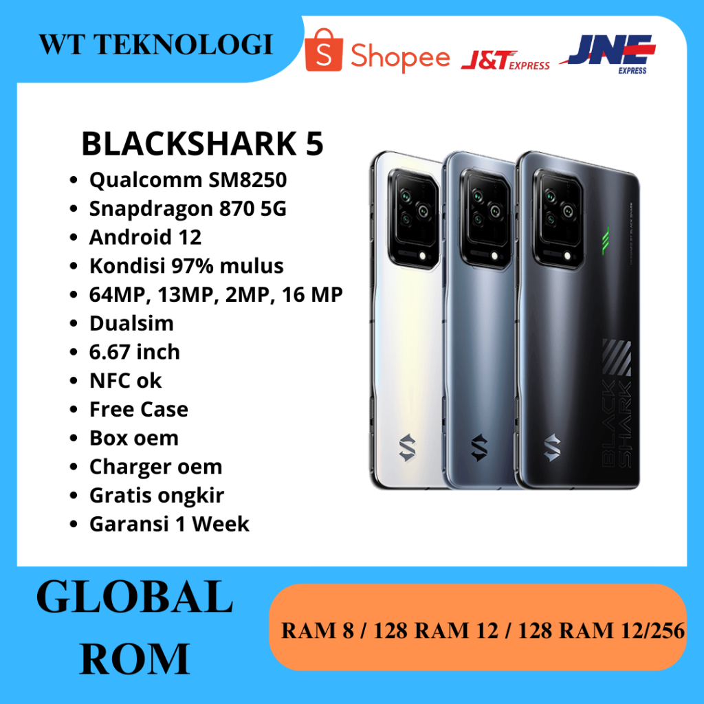 HANDPHONE BLACKSHARK 5 12/256GB SECOND LIKE NEW MULUS ORIGINAL 100%