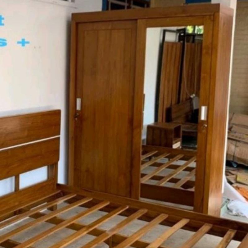 Lemari Sliding 2 Pintu Kayu Jati + Kaca Cermin