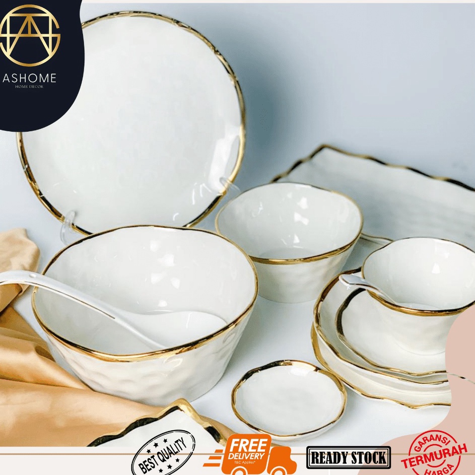 HJ6 ASHOME Piring Makan Keramik Putih Gold Motif Gelombang  Piring Putih Keramik List Gold  Mangkuk 