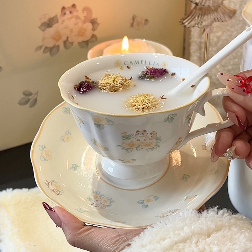 ROSES Cup & Saucer/Aesthetic Korean Style Tea Cup/Cangkir Teh Vintage/Cangkir Teh Mewah Pum/Set