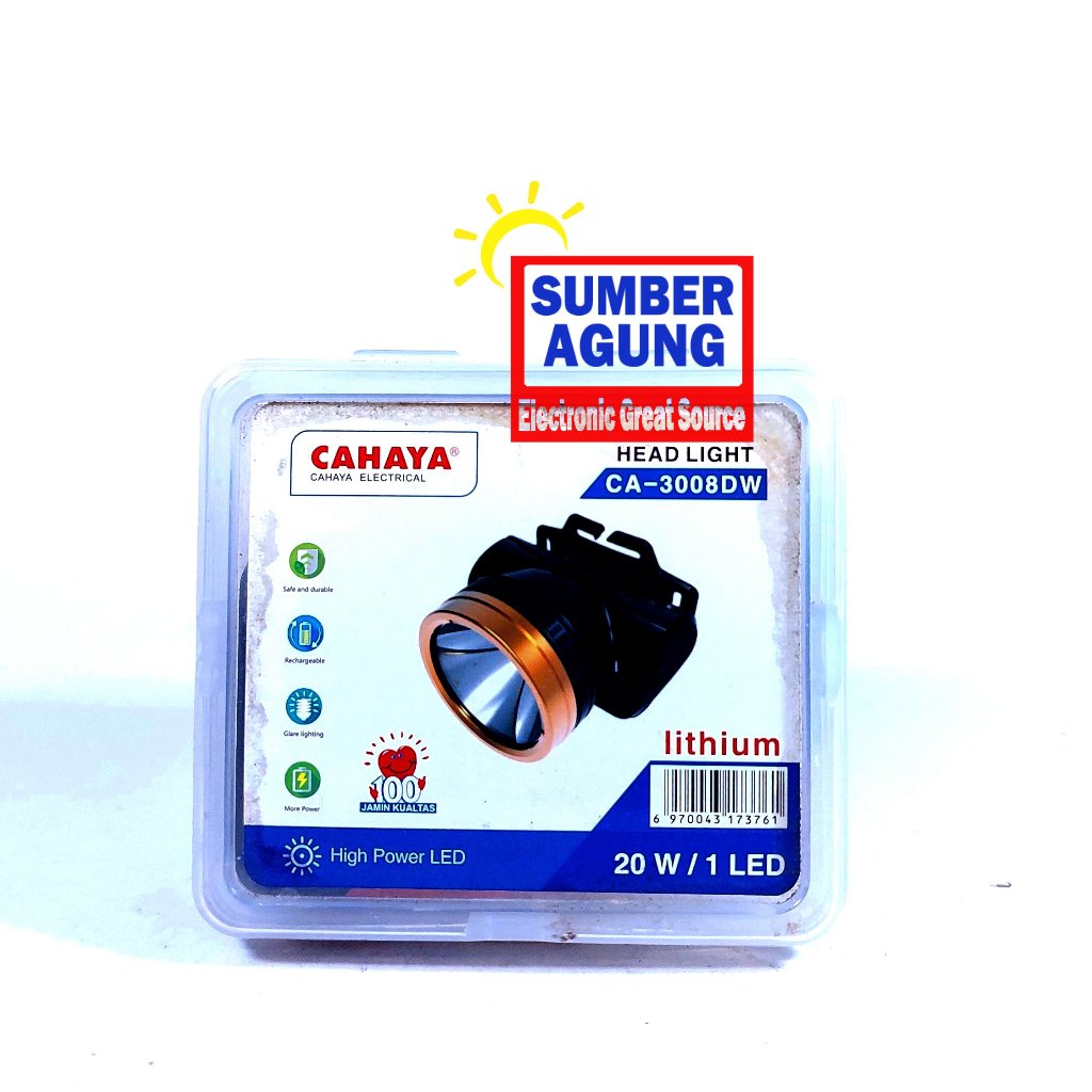 Senter Kepala Merk Cahaya CA3008 CA3008DW 20W 20 Watt LED 1Mata Baterai Lithium Casan