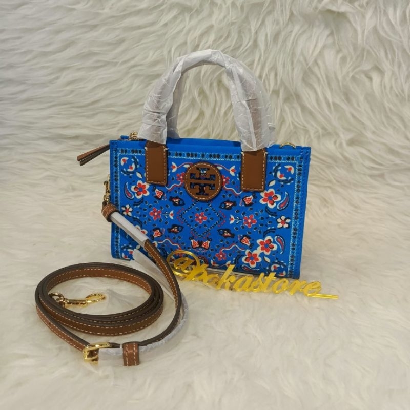 Tas TORY BURCH Ella Nylon Printed Mini Tote Blue AUTHENTIC USA