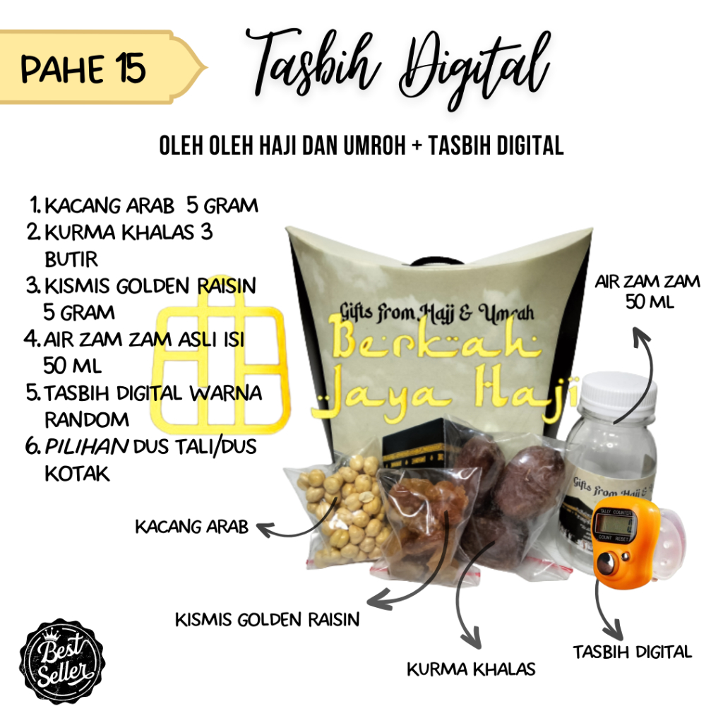 

Paket hemat oleh oleh haji dan umroh ISI 50 PCS kurma+kismis+kacang+zamzam+tasbih digital